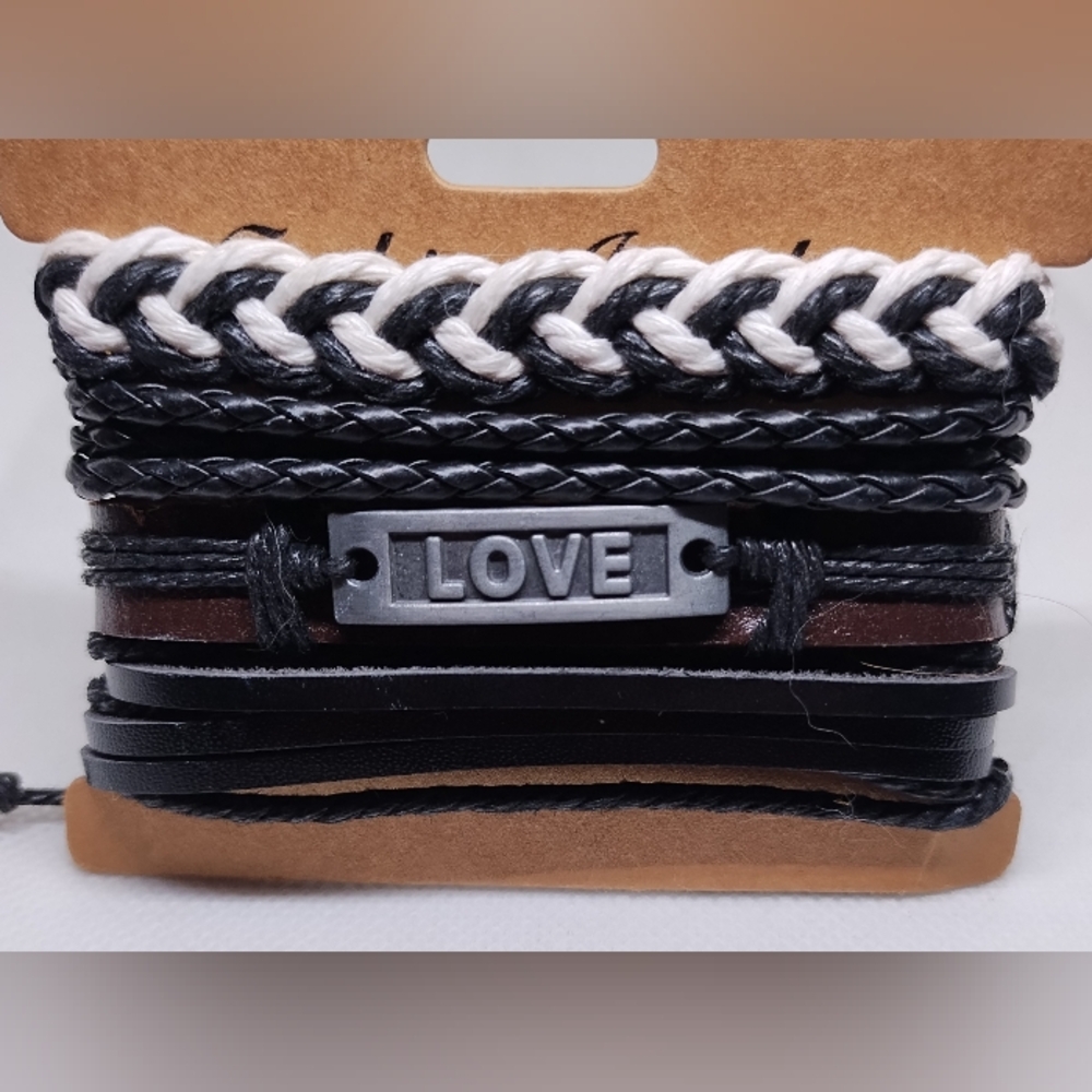 Men's Leather Bracelets Set Braided Layered Black New f74